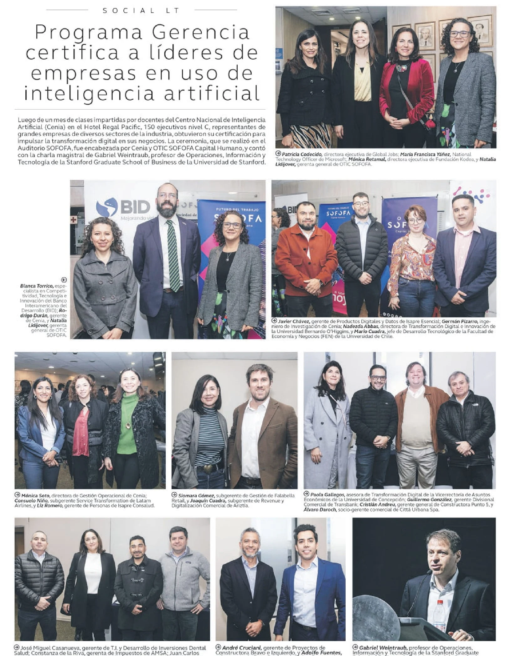 Printed newspaper coverage of the SOFOFA and CENIA artificial intelligence management program, including Adolfo Fuentes